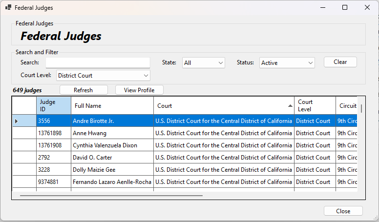 Federal Judges search screen with court and status filters.